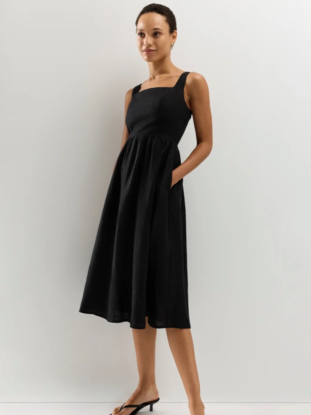 100% European Linen Fit & Flare Midi Dress in Black